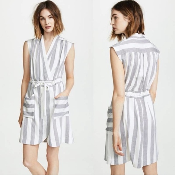AYR  Striped Silk Mini Surplice Dress in White & Blue Stripes size 6 - Picture 1 of 7